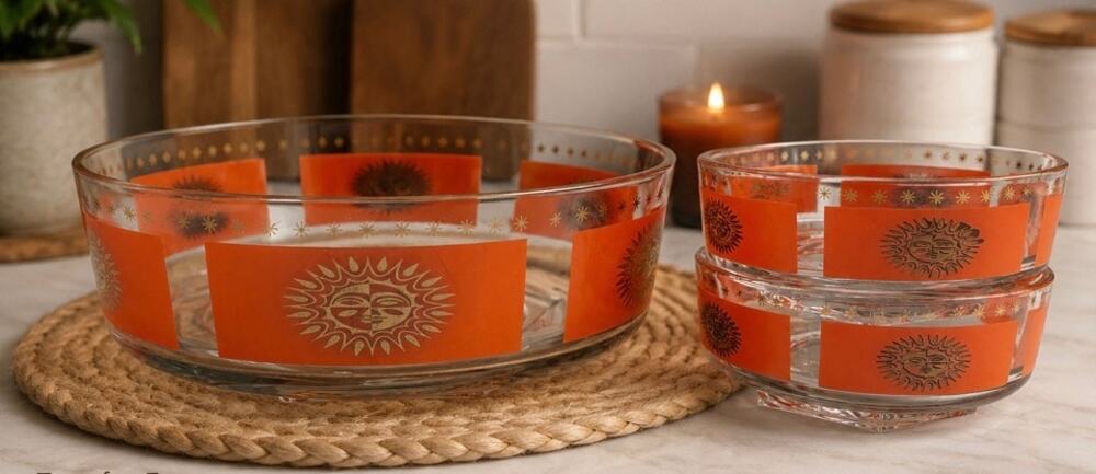 1970's Jeanette Glass Company Aztec Sun Chip & Dip Bowls